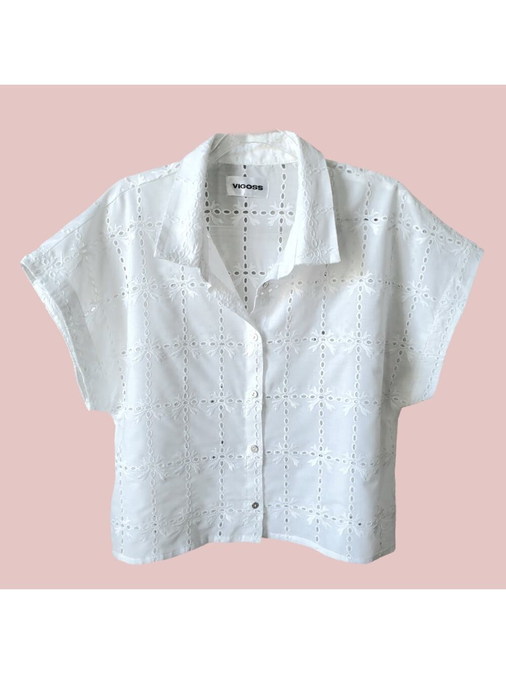 Women Vigoss White Floral Eyelet Crop Shirt M Feminine Preppy Coastal Cottage